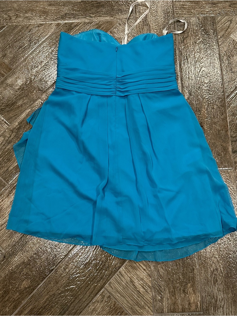 David's Bridal Strapless Malibu Blue Dress with Pleated Bodice - Picture 2 of 4